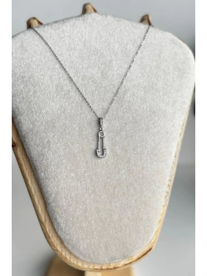 Zarif Zirkon Taşlı Kilitli İğne Tasarım Renk Atmaz Kararmaz Kadın Çelik Kolye