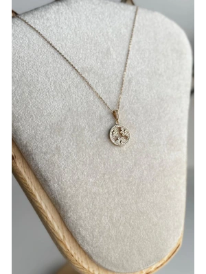 Zarif Zirkon Taşlı Oval Çiçek Tasarım Renk Atmaz Kararmaz Kadın Çelik Kolye