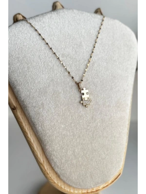 Zarif Zirkon Taşlı Puzzle Tasarım Renk Atmaz Kararmaz Kadın Çelik Kolye