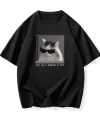 Neden Bana Bakıyorsun? Komik Kedi Grafik Tişört - Dijital Baskılı Siyah Bol Kesim Streetwear Tişört, Erkekler için Dört Mevsim Günlük Gömlek - Siyah