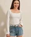 0465 Balon Kollu Örme Bluz  Beyaz