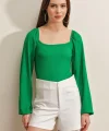 0465 Balon Kollu Örme Bluz  Yeşil
