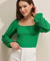 0465 Balon Kollu Örme Bluz  Yeşil