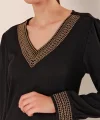 0466 Nakışlı V Yaka Örme Bluz  Siyah