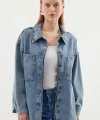 0694 Çift Cepli Oversize Denim Ceket - Buz Mavi