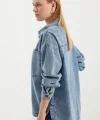0694 Çift Cepli Oversize Denim Ceket - Buz Mavi