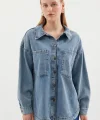 0694 Çift Cepli Oversize Denim Ceket - Buz Mavi