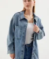 0694 Çift Cepli Oversize Denim Ceket - Buz Mavi