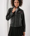 1041 Dik Yaka Suni Deri Ceket  Siyah