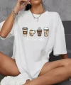 20/1 Penye Compack Baskılı Oversize Kahve Desenli Kadın Kısa Kol T-shirt - Beyaz