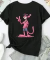 20/1 Penye Compack Pembe Panter Baskılı Oversize Bisiklet Yaka Kısa Kol Yazlık T-shirt - Beyaz