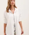 20153 Tek Cepli Oversize Keten Gömlek  Beyaz