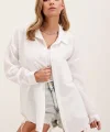 20153 Tek Cepli Oversize Keten Gömlek  Beyaz