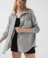 20153 Tek Cepli Oversize Keten Gömlek  Gri