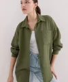 20153 Tek Cepli Oversize Keten Gömlek - Haki