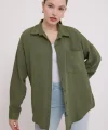 20153 Tek Cepli Oversize Keten Gömlek - Haki