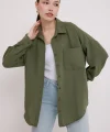 20153 Tek Cepli Oversize Keten Gömlek - Haki
