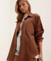 20153 Tek Cepli Oversize Keten Gömlek  Kahverengi