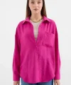 20153 Tek Cepli Oversize Keten Gömlek  Koyu Pembe