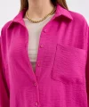 20153 Tek Cepli Oversize Keten Gömlek  Koyu Pembe