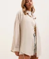 20153 Tek Cepli Oversize Keten Gömlek  Krem