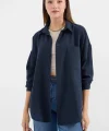 20153 Tek Cepli Oversize Keten Gömlek  Lacivert
