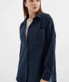 20153 Tek Cepli Oversize Keten Gömlek  Lacivert