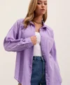 20153 Tek Cepli Oversize Keten Gömlek  Lila