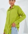 20153 Tek Cepli Oversize Keten Gömlek  Yağ Yeşil