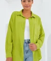 20153 Tek Cepli Oversize Keten Gömlek  Yağ Yeşil