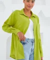 20153 Tek Cepli Oversize Keten Gömlek  Yağ Yeşil