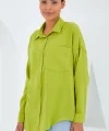 20153 Tek Cepli Oversize Keten Gömlek  Yağ Yeşil