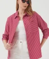 20205 Çizgili Oversize Gömlek  Kırmızı