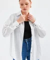 20208 Çizgili Oversize Uzun Basic Gömlek  Beyaz