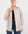 20208 Çizgili Oversize Uzun Basic Gömlek  Krem