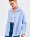 20208 Çizgili Oversize Uzun Basic Gömlek  Mavi