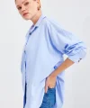 20208 Çizgili Oversize Uzun Basic Gömlek  Mavi