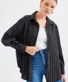 20208 Çizgili Oversize Uzun Basic Gömlek  Siyah