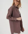 20217 Cep Detaylı Çizgili Oversize Gömlek  Kahverengi