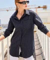 20217 Cep Detaylı Çizgili Oversize Gömlek  Siyah