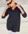 20217 Cep Detaylı Çizgili Oversize Gömlek  Siyah