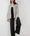 20254 Çizgili Oversize Basic Gömlek  Siyah  Beyaz