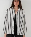 20254 Çizgili Oversize Basic Gömlek  Siyah  Beyaz