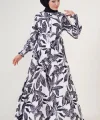 2145 Desenli Tesettür Elbise - Beyaz