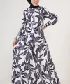 2145 Desenli Tesettür Elbise - Beyaz
