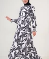 2145 Desenli Tesettür Elbise - Beyaz