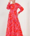 2145 Desenli Tesettür Elbise - Kırmızı