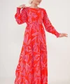 2145 Desenli Tesettür Elbise - Kırmızı