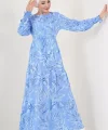 2145 Desenli Tesettür Elbise - Mavi