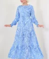 2145 Desenli Tesettür Elbise - Mavi